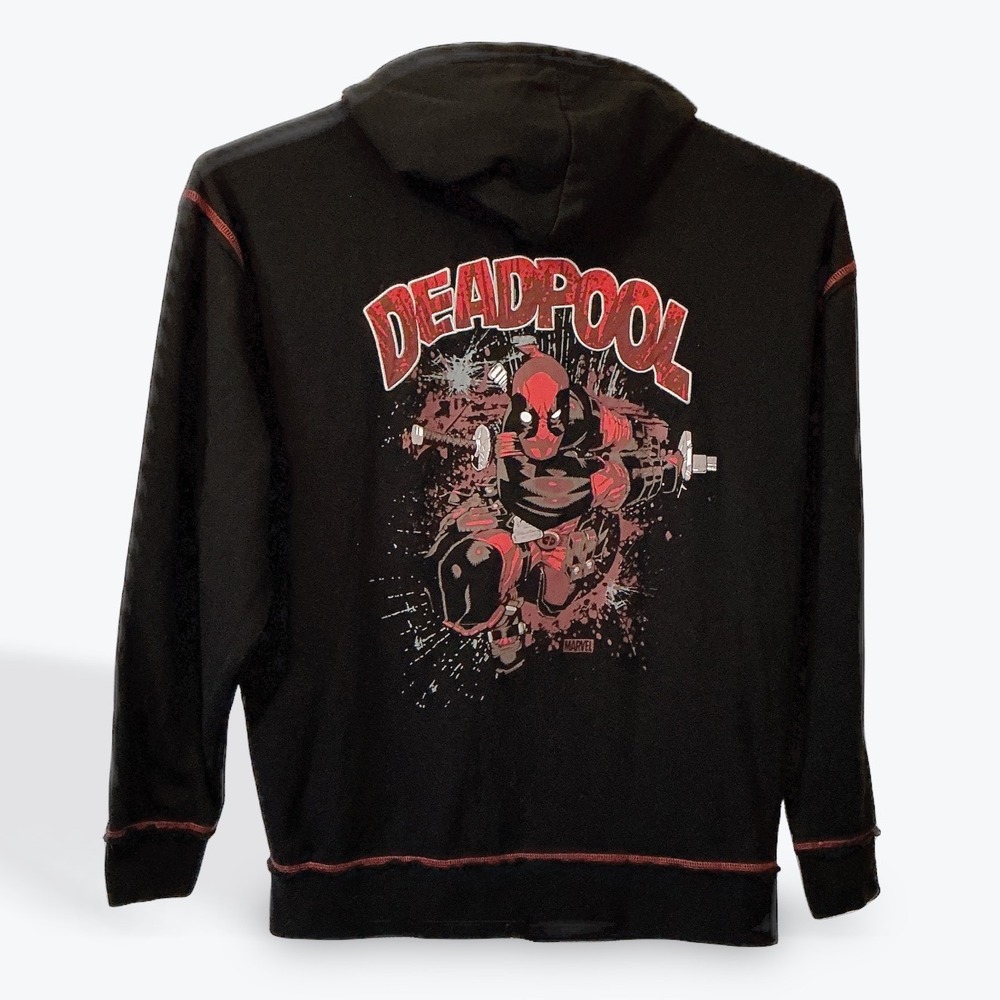 Marvel Deadpool Full Zip Hoodie Black Red Stitching Graphic Print‎ Men's XLarge